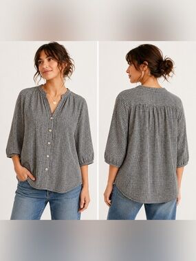 ✨‎ BSBEE Gingham Cotton Button Front Blouse Top Medium Black White ✨